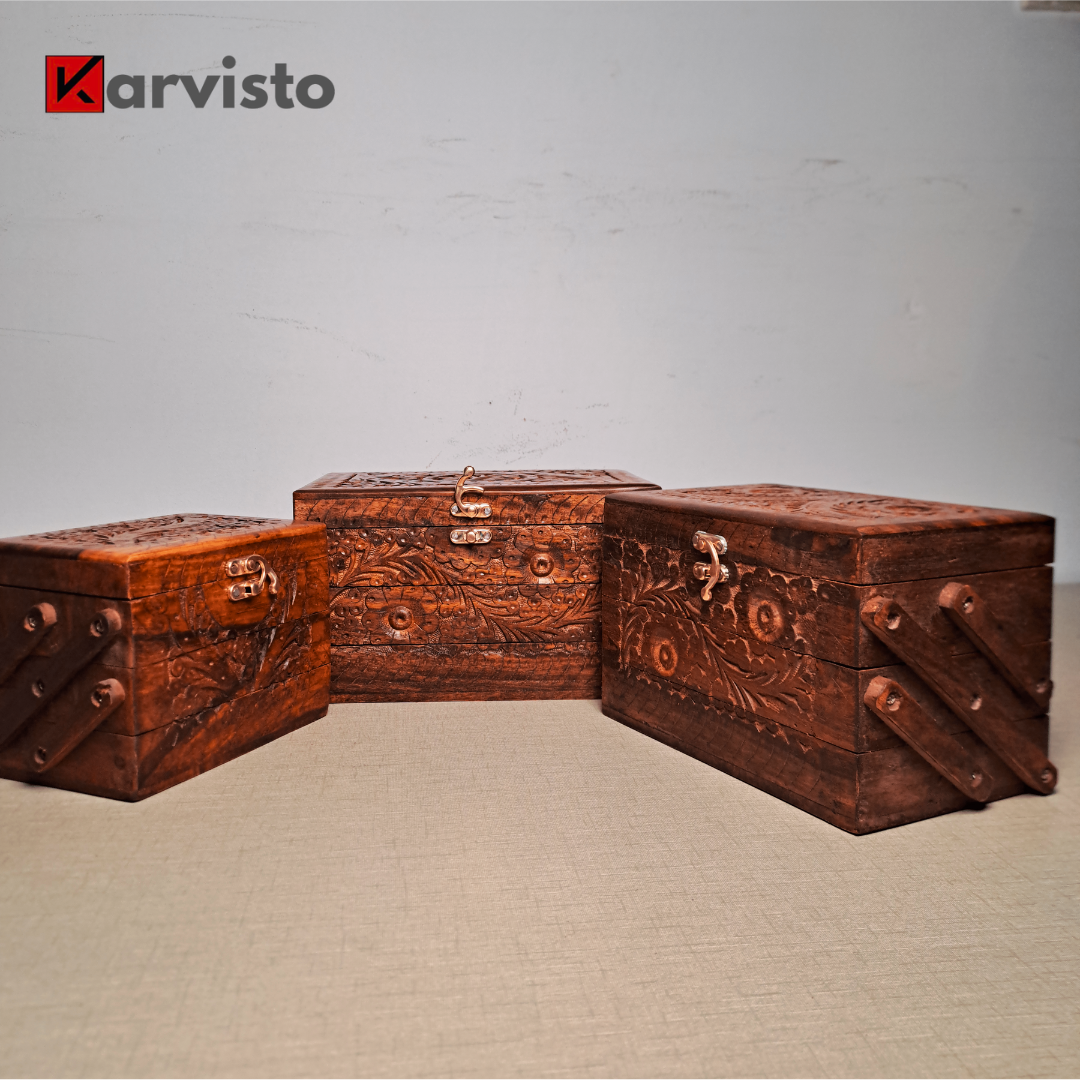 3 Portion Hand Carved Wooden Jewelry Box