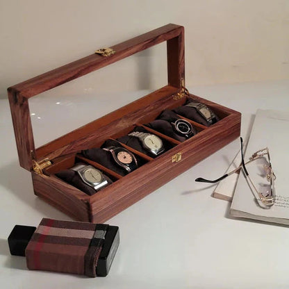 Handmade Wooden Watch Organizer Box with Glass Lid - for 5 Watches